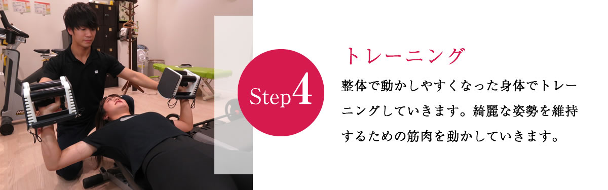 Step4 トレーニング 整体で動かしやすくなった身体でトレーニングしていきます。綺麗な姿勢を維持するための筋肉を動かしていきます。